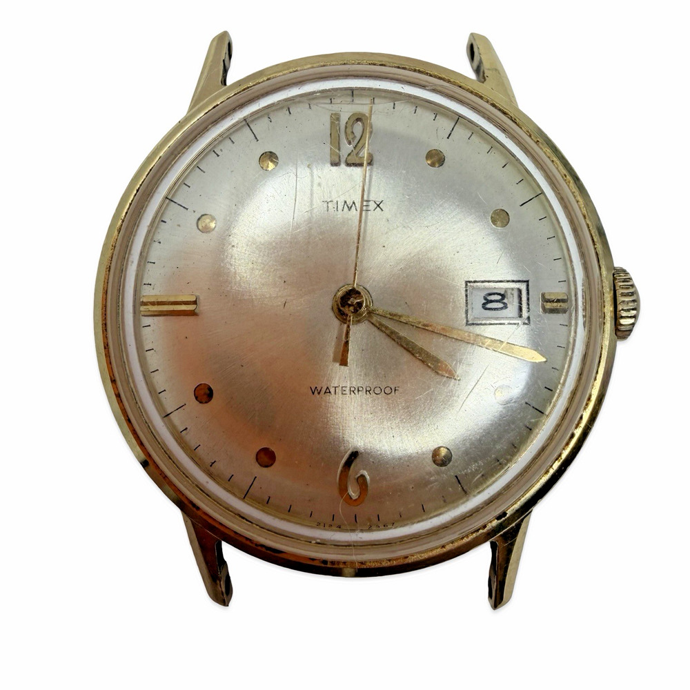 Vintage Timex Waterproof Date Watch Gold Tone 33mm Mens Wristwatch Parts Repair
